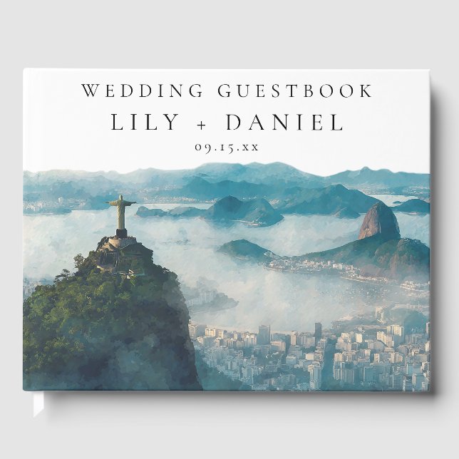 Rio de Janeiro Skyline Watercolor Wedding Guest Book (Front)