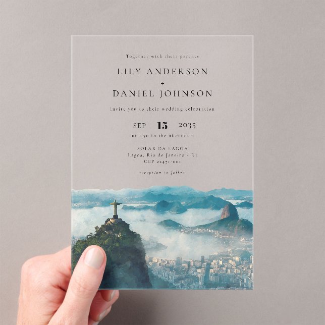 Rio Skyline Watercolor Destination Brazil Wedding Acrylic Invitations (Insitu (Handheld))