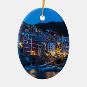 Riomaggiore at night Cinque Terre Liguria Italy Ceramic Tree Decoration
