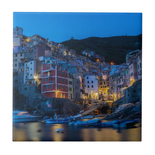 Riomaggiore at night Cinque Terre Liguria Italy Tile (Front)