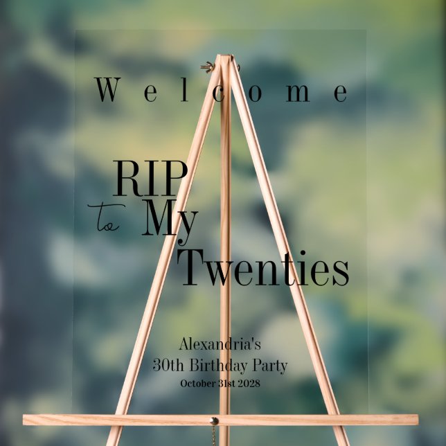 RIP 20s Black typography 30th Birthday Welcome Acrylic Sign (Neutral)