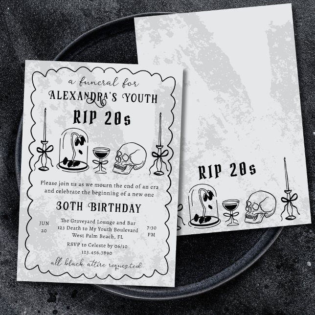 RIP 20s Doodle Stone Look Funeral 30th Birthday Invitation (Creator Uploaded)