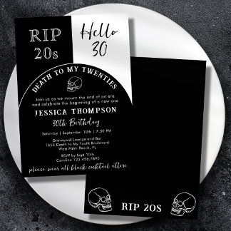 RIP 20s Hello 30 Tombstone Skull 30th Birthday Invitation