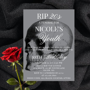 RIP 20s Minimal Skull Funeral Themed 30th Birthday Invitation