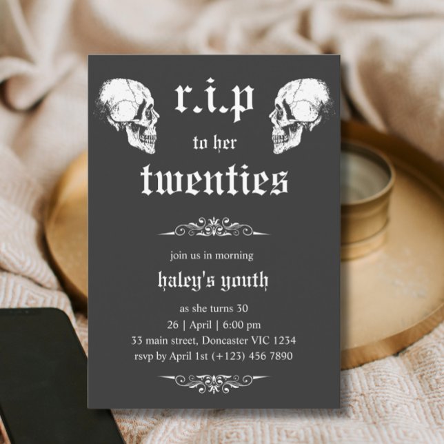 RIP 20s to her Twenties Goth Skulls 30th Birthday Invitation (Creator Uploaded)