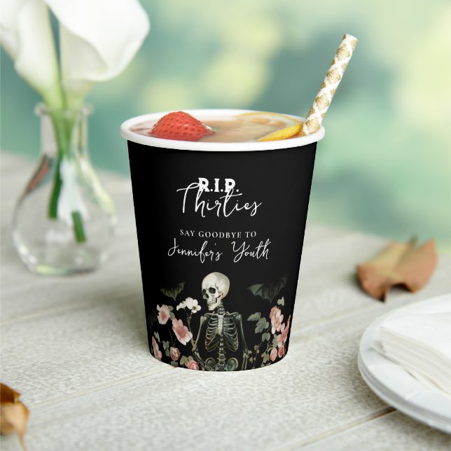 RIP 40th Birthday Party Skeleton Pink Floral  Paper Cups (Insitu)