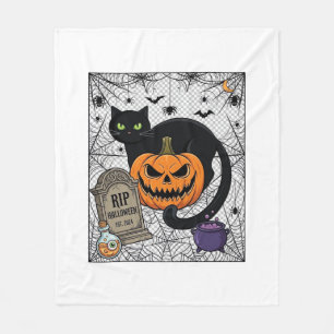 Rip Halloween Black Cat Pumpkin Tombstone Cauldron Fleece Blanket