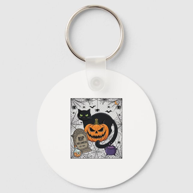 Rip Halloween Black Cat Pumpkin Tombstone Cauldron Key Ring (Front)