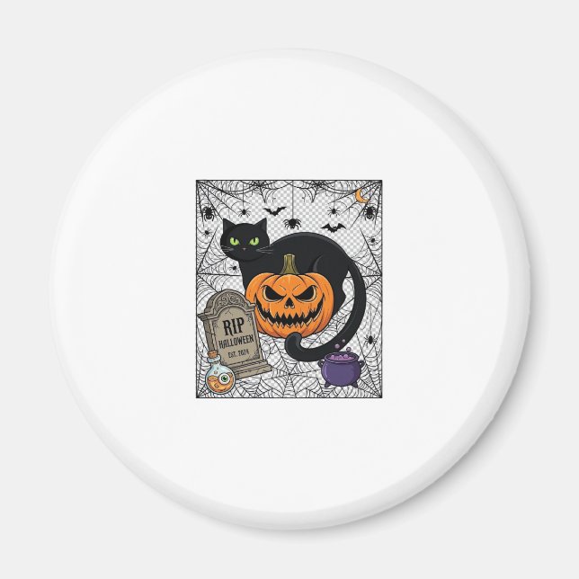 Rip Halloween Black Cat Pumpkin Tombstone Cauldron Magnet (Front)