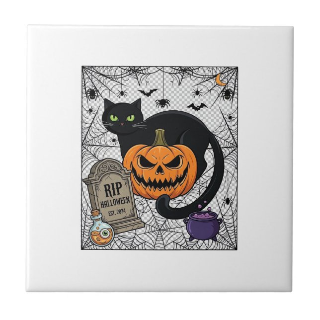 Rip Halloween Black Cat Pumpkin Tombstone Cauldron Tile (Front)