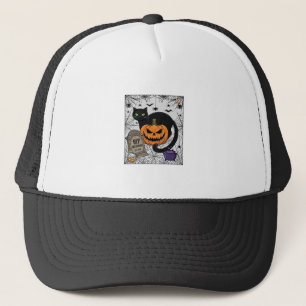 Rip Halloween Black Cat Pumpkin Tombstone Cauldron Trucker Hat