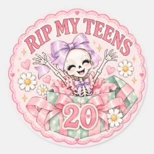 RIP My Teens 20th Birthday Pink Coquette Skeleton Classic Round Sticker