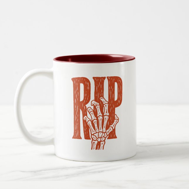 RIP Skeleton Hand Halloween Linocut Design Two-Tone Coffee Mug (Left)