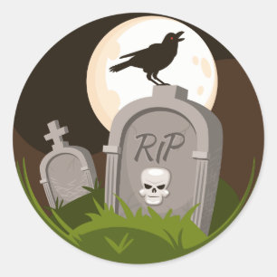 Rip Skull Raven Grave Halloween Moon Classic Round Sticker