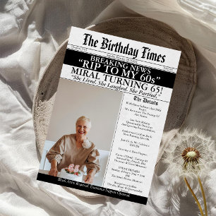 RIP to My 60s Funny Newspaper 65th Birthday Invitation