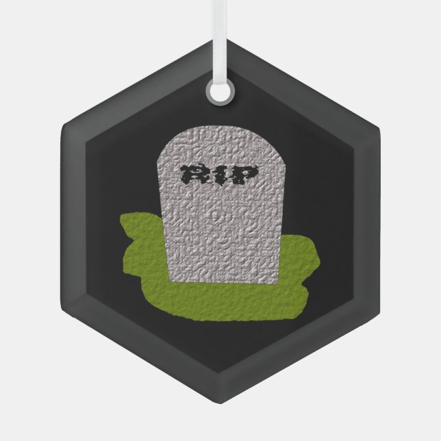 RIP Tombstone Happy Halloween Glass Tree Decoration (Front)