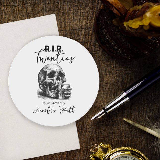 RIP Twenties Halloween Skull 30th Birthday Party Round Paper Coaster (Creator Uploaded)
