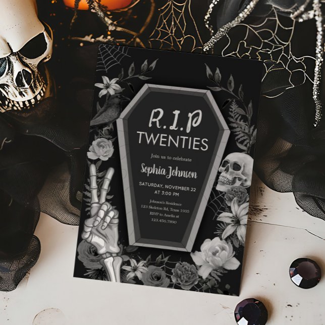 RIP Twenties Skull Gothic Halloween Birthday Invitation (RIP Twenties Death to my Twenties Halloween Birthday Invitation)