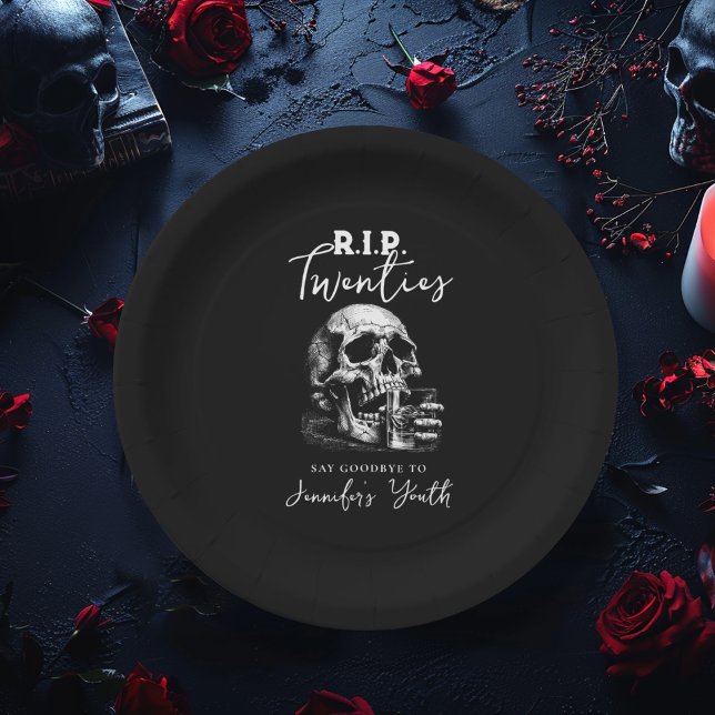 RIP Twenties Spooky Black Skull Birthday Party Paper Plate (Creator Uploaded)