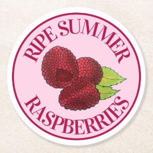 Ripe Fresh Summer Red Raspberries Fruit Berry Round Paper Coaster