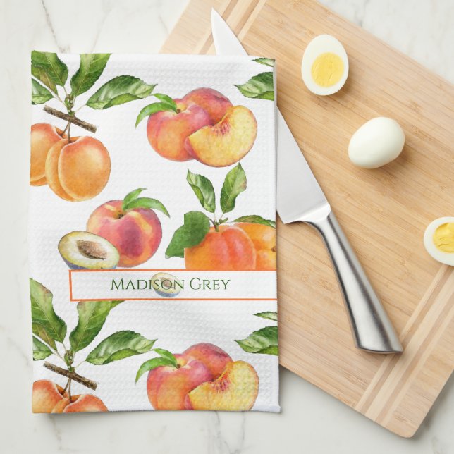 Ripe Peaches, Apricots and Plums Fruit Pattern Tea Towel (Quarter Fold)