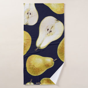 Ripe pear, black background, garden art bath towel