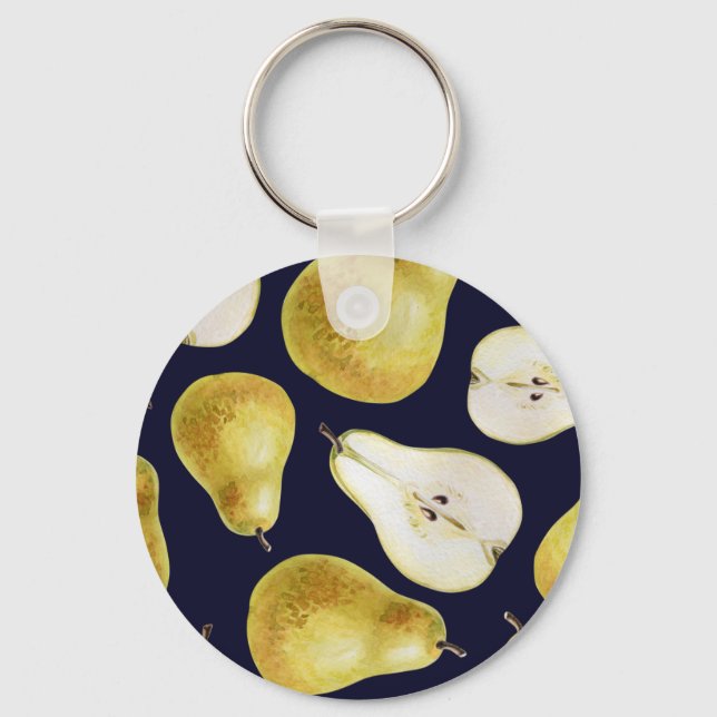Ripe pear, black background, garden art key ring (Front)
