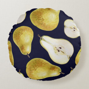 Ripe pear, black background, garden art round cushion
