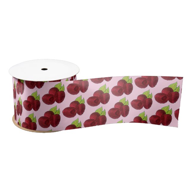Ripe Raspberry Red Raspberries Berry Fruit Print Satin Ribbon (Spool)