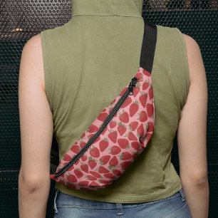 Ripe Red Strawberries on Pink Patterned Bum Bags