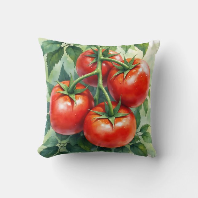 Ripe Tomato Vine Watercolor Fresh Cushion (Front)