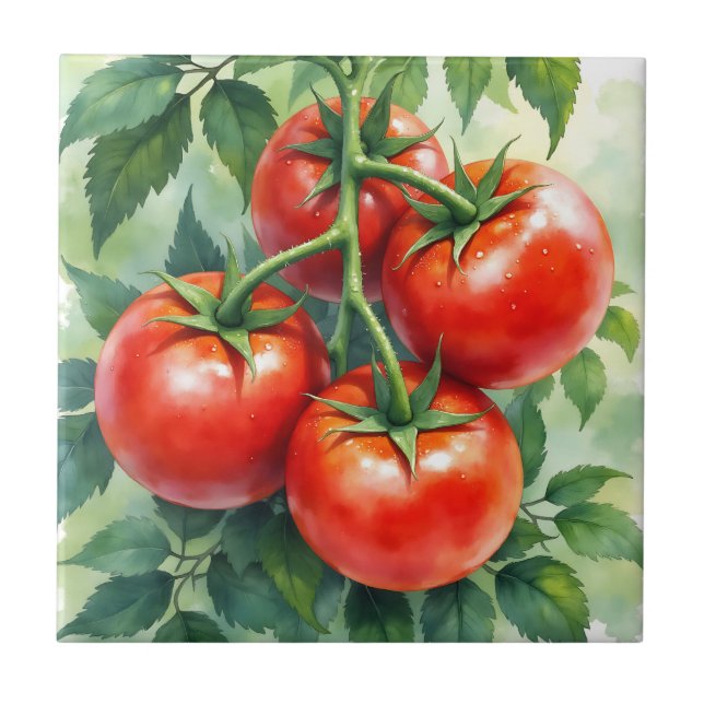 Ripe Tomato Vine Watercolor Fresh Tile (Front)