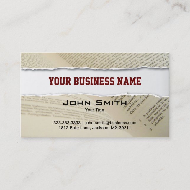 Ripped Book Pages business card (Front)