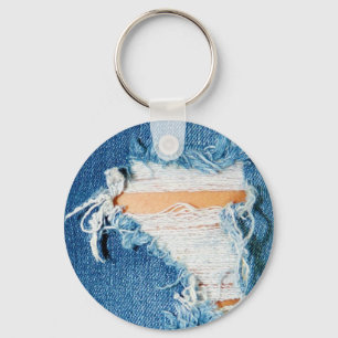 Ripped Torn Denim Blue Jeans Key Ring