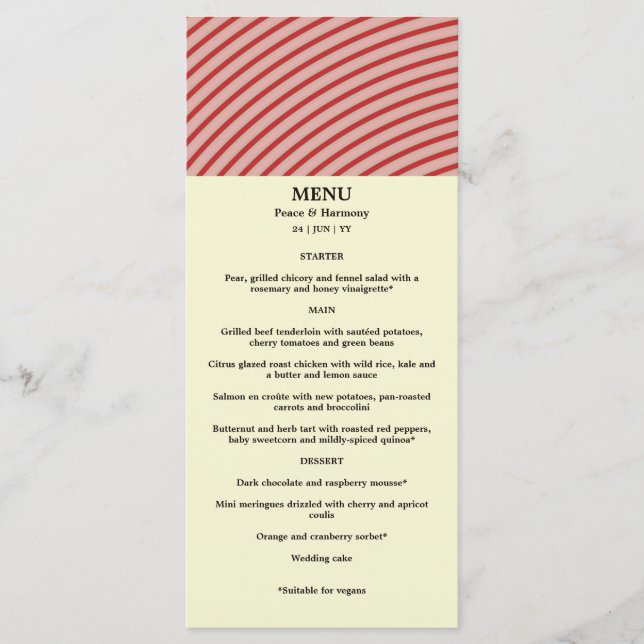 Ripple Red Stripes Wedding Menu Card (Front)