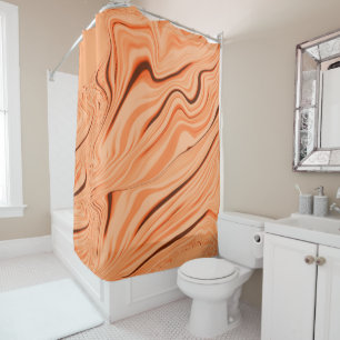 Ripples in shades of orange, curved brown cylinder shower curtain