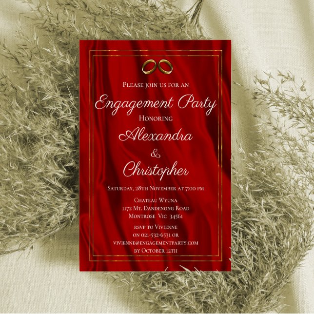 Rippling Silk Elegant Gold Rings Red Engagement Invitation (Creator Uploaded)