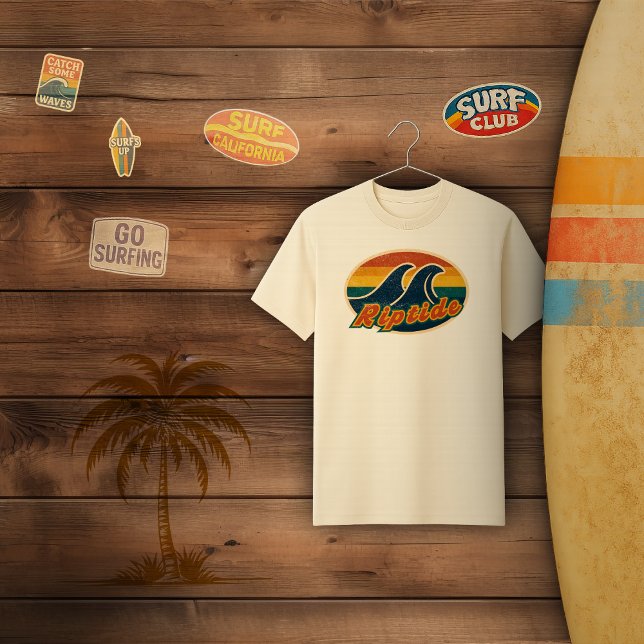 Riptide Vintage Surf Badge T-Shirt (Riptide Tee against Surf shop wall )