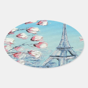 ris Spring Painting, Eiffel Tower Cherry Blossoms Oval Sticker