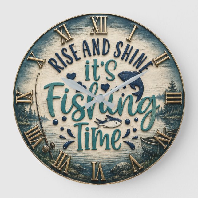  Rise and Shine It's Fishing Time Fisherman Gift  Large Clock (Front)