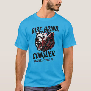 Rise Grind Conquer Bear Motivation Front Back Gym  T-Shirt