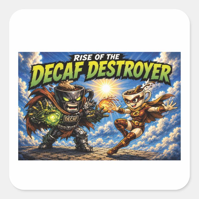 Rise of the Decaf Destroyer Coffee Superhero Comic Square Sticker (Front)