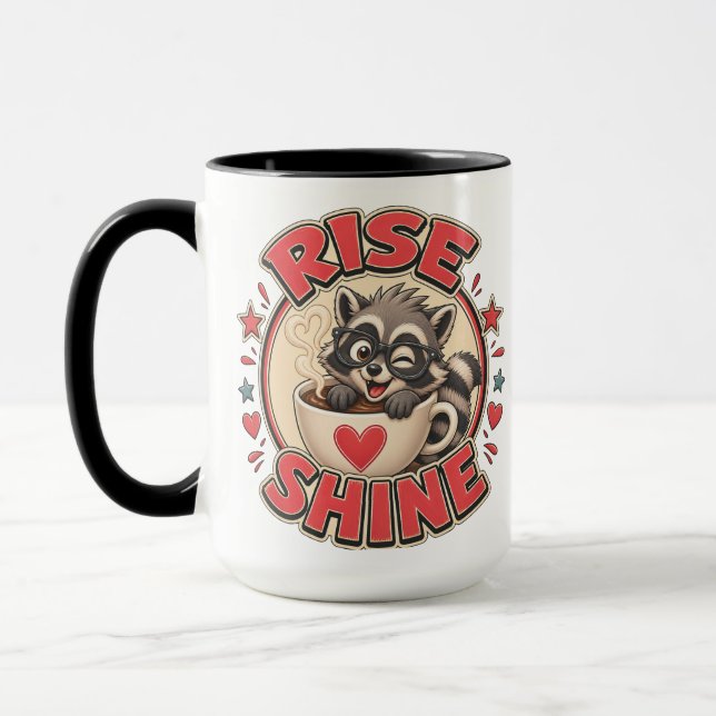 Rise & Shine Racoon Coffee Lover Illustration Mug (Left)