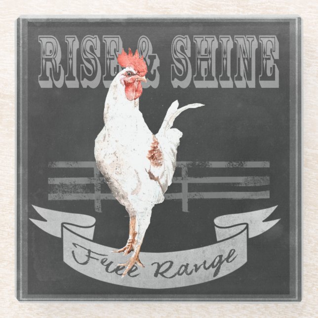 Rise & Shine Rooster Glass Coaster (Front)