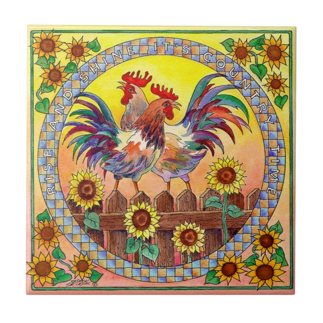 RISE & SHINE ROOSTERS by SHARON SHARPE Tile (Front)