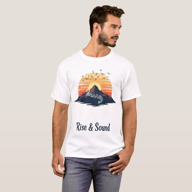 Rise & Sound - Mountain Sunset with Music Notes T-Shirt (Front Full)
