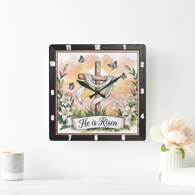 Risen Cross Lilies Easter Square Wall Clock (Home)