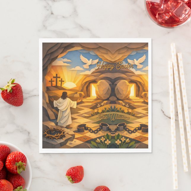 Risen Jesus Empty Tomb 3D Papercut Easter Paper Napkin (Insitu)