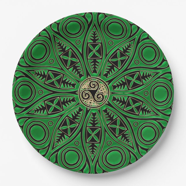 rish Green Celtic Triskele Mandala Paper Plate (Front)