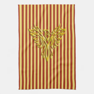 Rising golden phoenix with golden scarlet bands tea towel